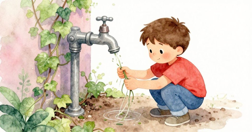 Sam俯身於潮濕泥土中解開纏繞水龍頭的常春藤,從高處觀看展現出專注與細膩的動作。