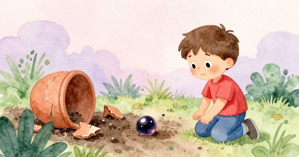 陶罐破裂溢出深色土壤,神秘黑珠滾動中伴隨著小知更鳥好奇啄食,Sam在後方靜觀突發畫面。