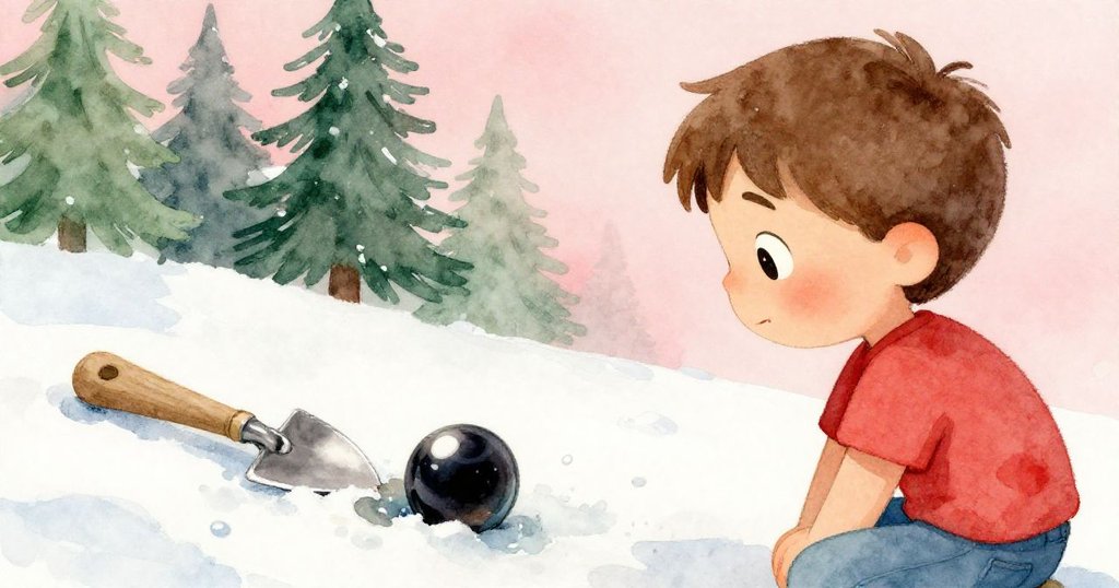 Sam在靜謐的園角旁凝視神秘黑珠,旁邊忘卻的鏟子和聚水細節突顯出結局安詳與驚喜。