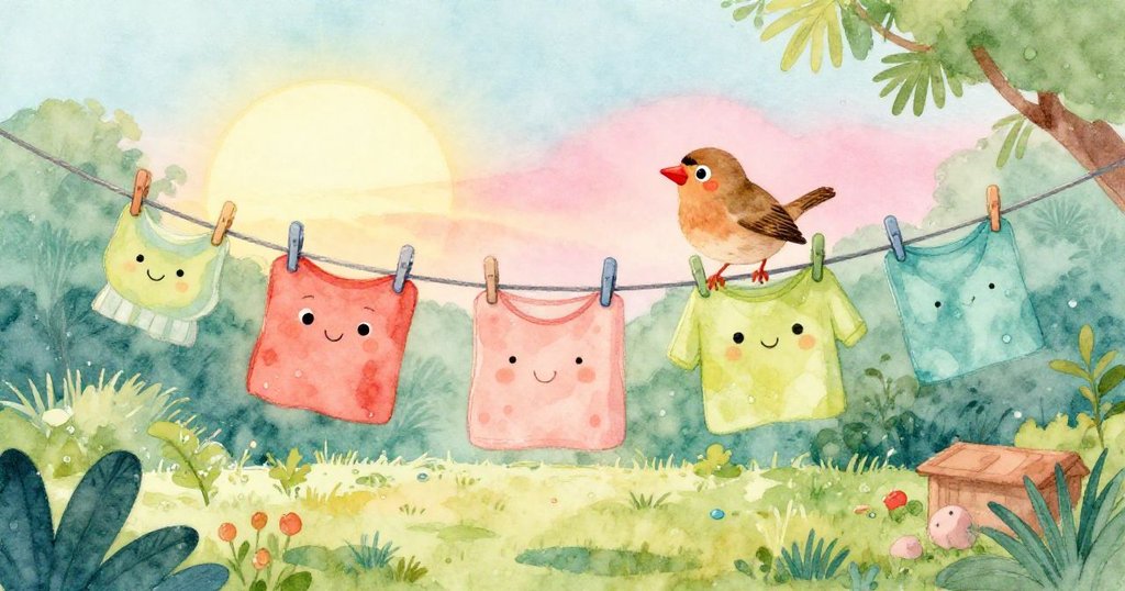 Finny站在晨曦中降落在充滿露珠的晾衣繩上,表情好奇,背景呈現溫暖自然的陽光與綠葉。