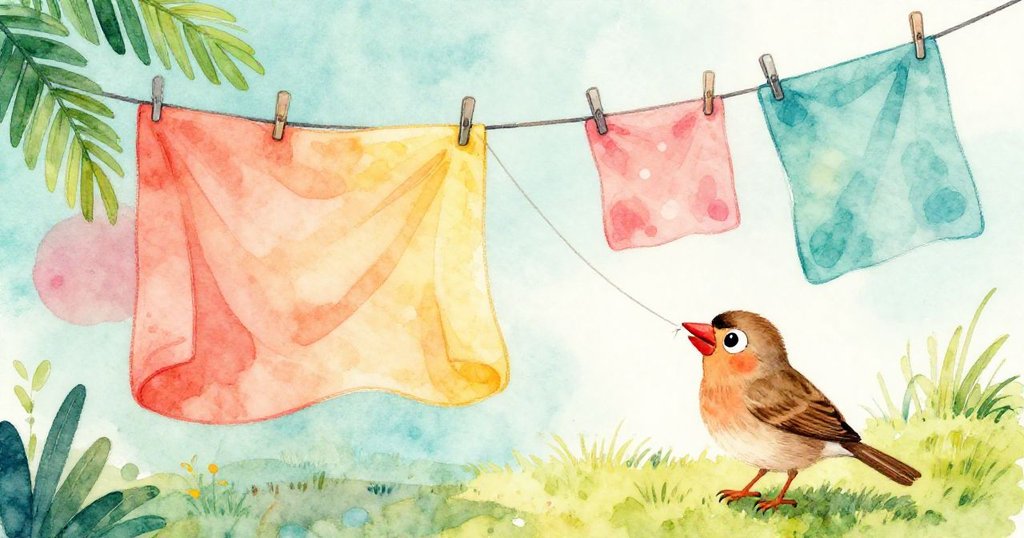 Finny用力拉扯線頭,使得彈性晾衣繩和下垂毛毯形成動感視角,映襯著明亮晨光與戶外生機。