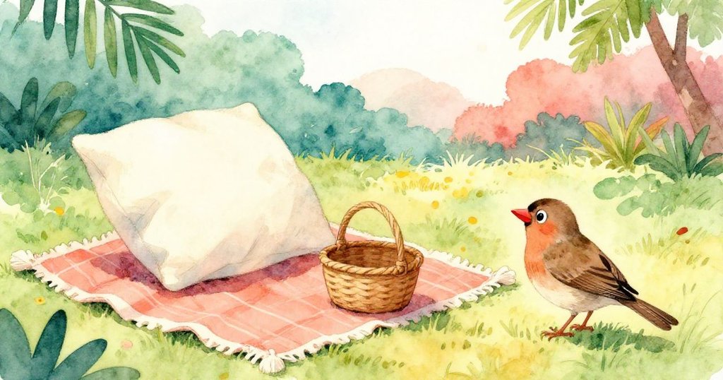 戶外溫馨角落中,毛毯撞向柔軟枕頭使籃子移動,Finny在背景靜觀,展示出自然中家的暖意。