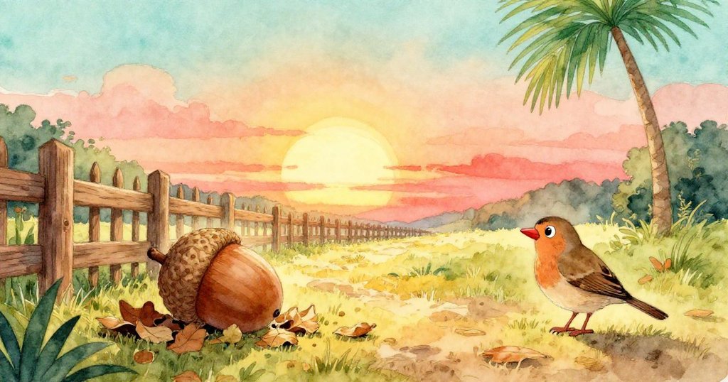 在落日餘暉中,橡子沿著木柵欄向乾葉堆滾去,Finny靜靜注視,溫暖結束了充滿活力的一天。