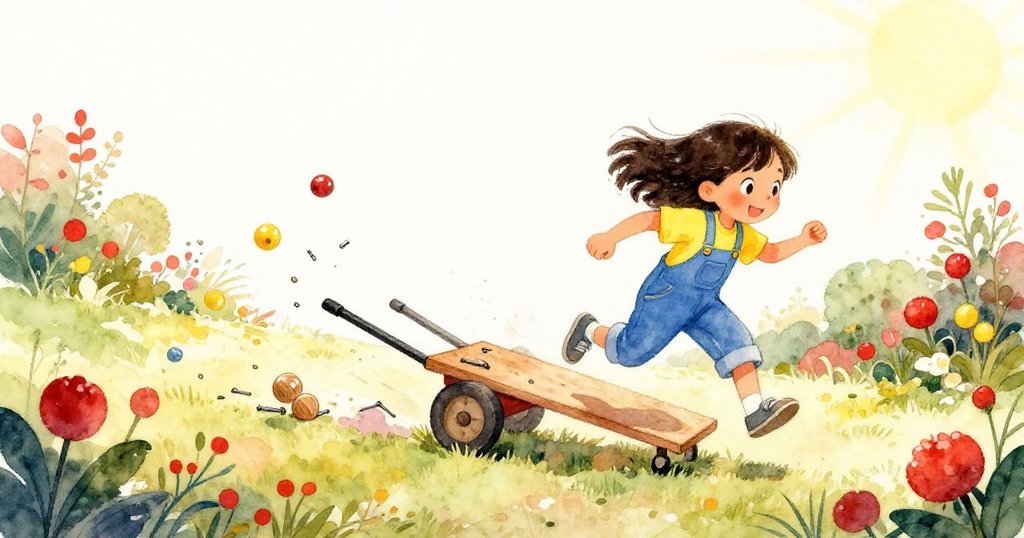 Delia的世界轉瞬忙亂，車子下坡，木板閃耀，釘子散落與木球急速奔跑，陽光映出轉變活力。