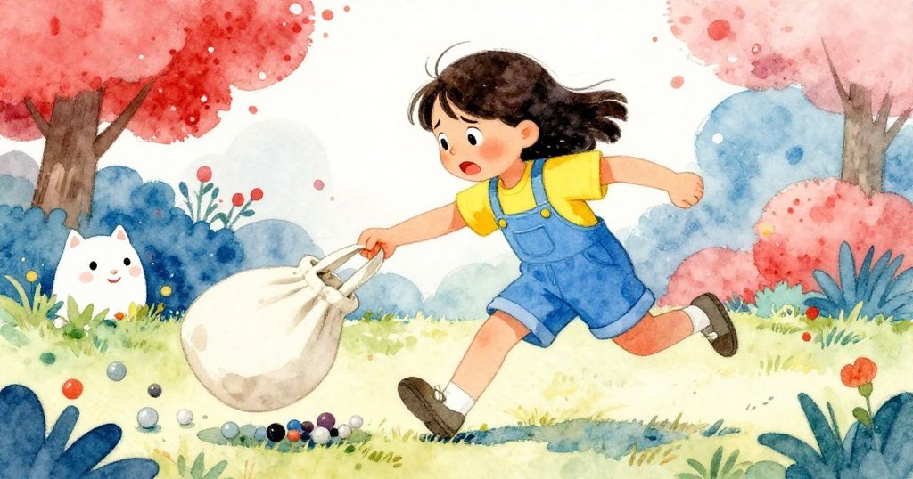 Delia急奔於花園中，低放帆布袋攔截滾動木球，臉上流轉焦慮與決心，情節推向高潮。