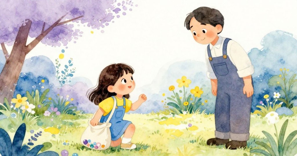 Delia與師傅於花園中達成平靜，帆布袋中木球安歇於膝旁，陽光柔和映出事件尾聲與和諧安寧。