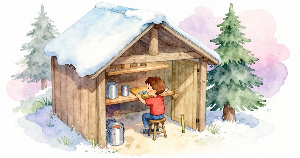 芬恩在溫暖的工具棚中策劃計劃，他將凳子移向高架，從上方俯瞰展示棚內物品，充滿期待與好奇。