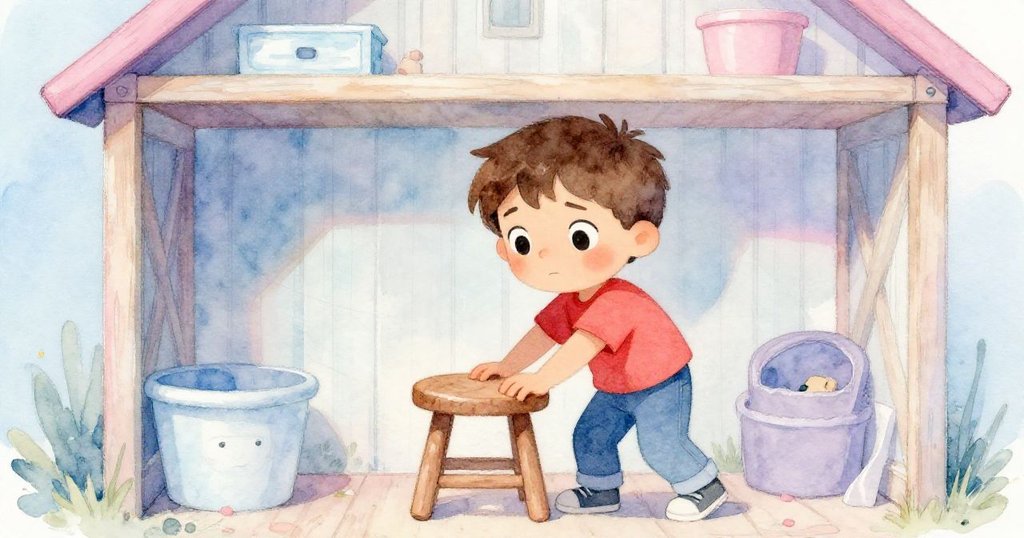 芬恩聚精會神地調整凳子，眼神中流露堅定與一絲忐忑，溫暖光線映襯下展現專注情緒。