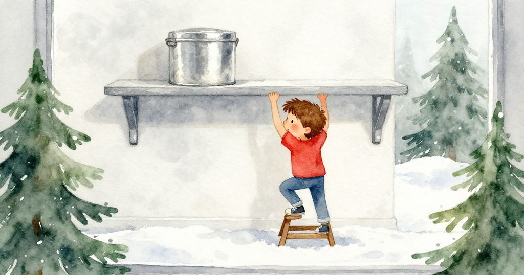 透過小窗可以看見芬恩正努力爬上凳子，高處的錫容器散發微光，展現他勇於挑戰的動作與期待。