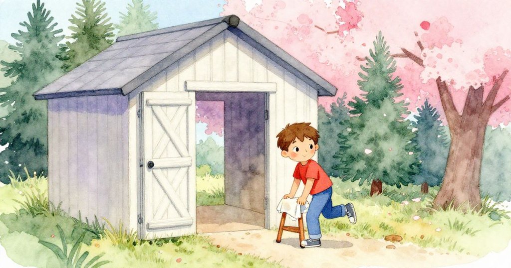 芬恩在工具棚內用毛巾固定滑動的凳子，透過敞開的門看見外面松綠與粉色花朵點綴，展現春日氣息與靈活應對。