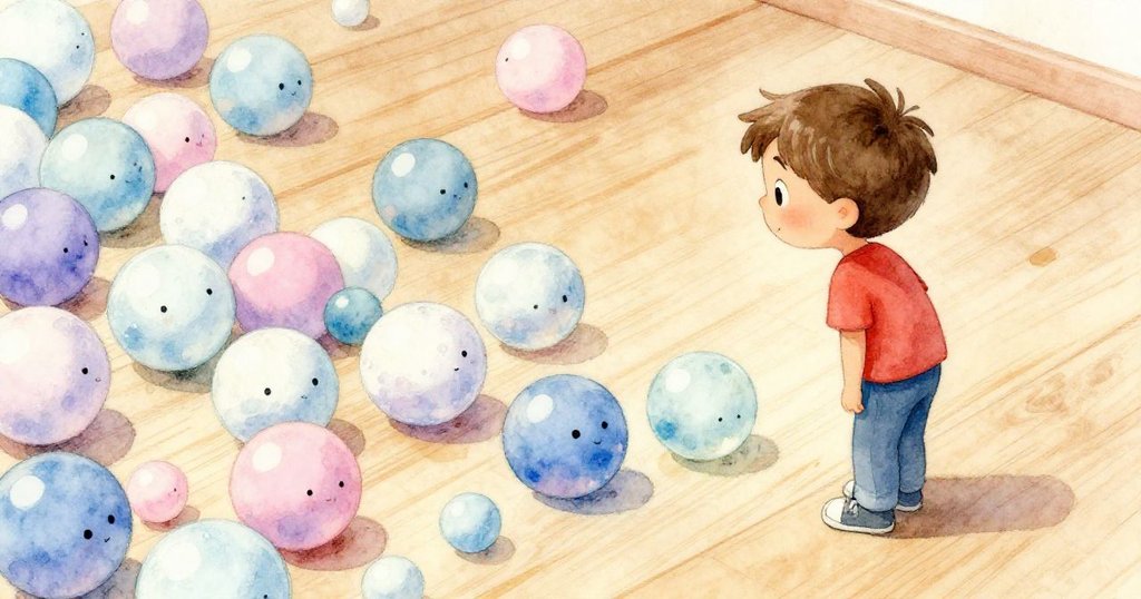 芬恩滿懷驚奇注視著彈珠散落在光亮木板上，彩珠閃爍象徵著創造力與玩樂冒險，畫面溫柔而富含意義。