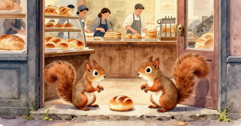 小松鼠好奇靠近繁忙麵包店門前,發現石階上溫暖光照下放置的甜美圓麵包,充滿期待與驚喜。