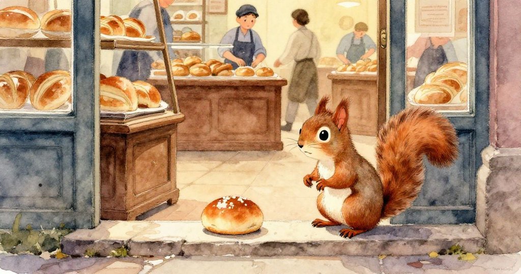 小松鼠小心觸碰溫暖烤爐餘光中閃耀著細膩麵包皮的甜美麵包,石階細節清晰呈現,充滿冒險與好奇。
