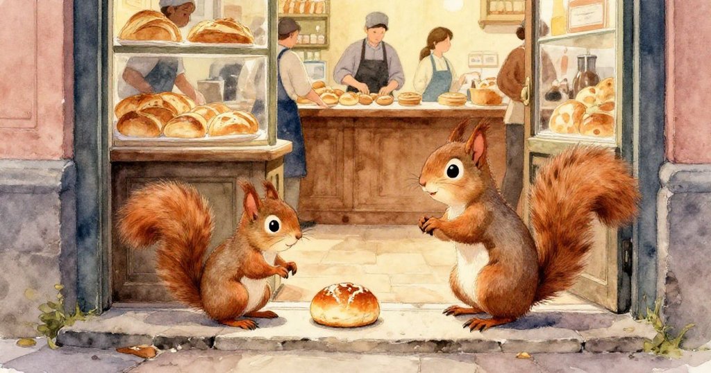 小松鼠從背後視角努力拉扯因熱氣而微分的甜美麵包,臉上流露出堅定與專注,背景隱約見到烘焙間。