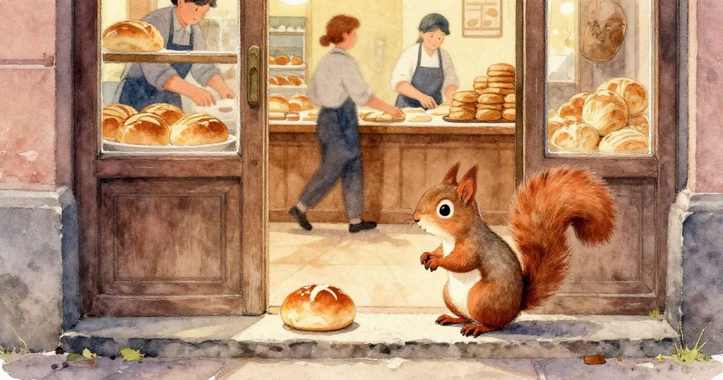 小松鼠目送關閉的烘焙店門,微風吹過散落的金色餅屑與麵包片,空氣中夾帶著淡淡的交通煙霧,情境轉變明顯。