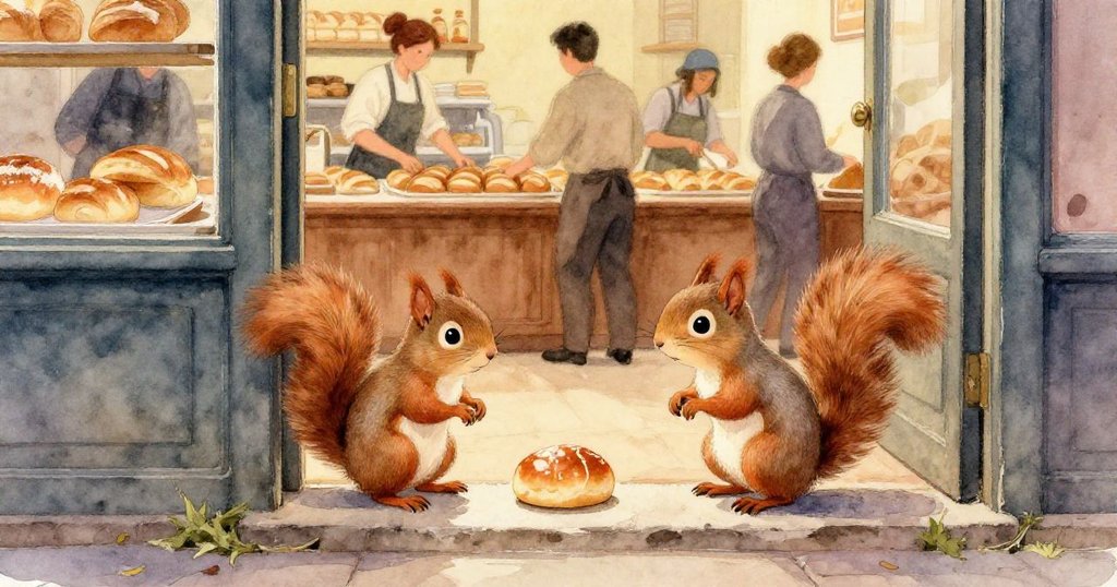 小松鼠堅定前行於開闊街道,拖著來之不易的麵包碎片,腳下灑落金黃餅屑,背景金屬柵欄旁輕葉飄舞,象徵新希望。