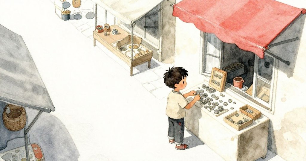 小男孩Bram站在狹窄市場街上，於溫暖午後的光線中於玩具攤前認真數硬幣，背景充滿生活氣息。