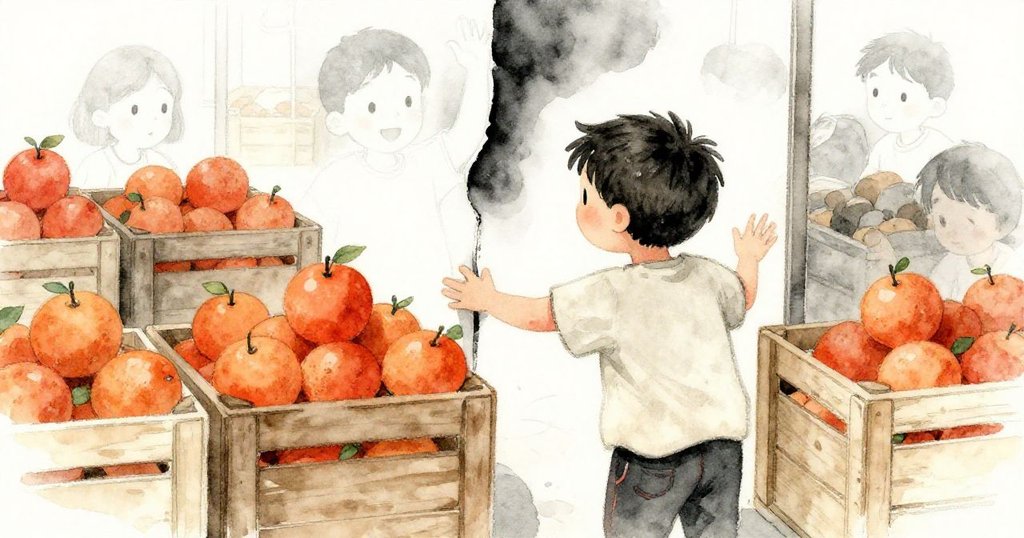 Bram從背後觀察自己伸手取硬幣，木箱間橘子阻隔路徑，表情專注且充滿決心，場景細節豐富。