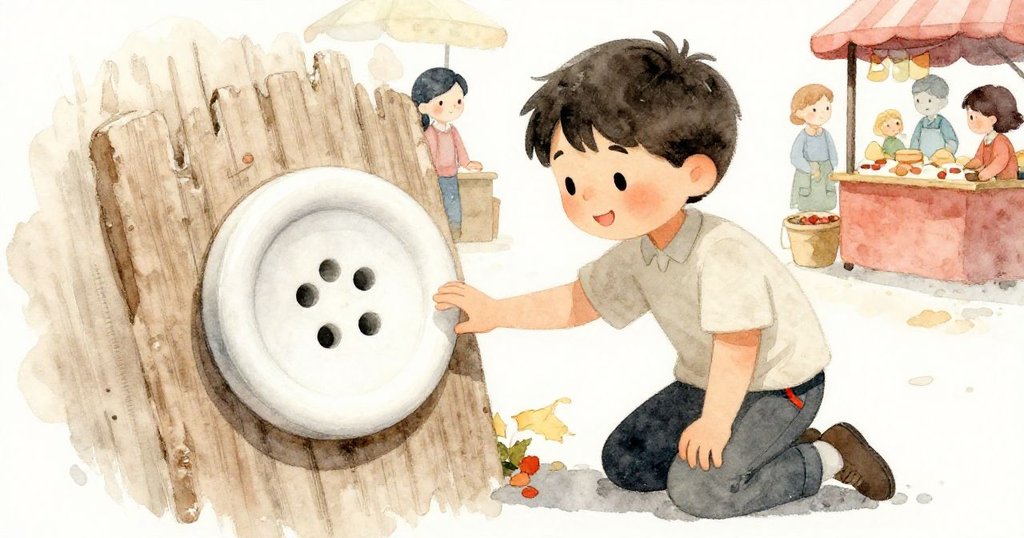 Bram彎腰在秋光映照的市場中，專注聆聽輕微回音，用手觸碰從木板中露出的冷鈕扣，表情充滿驚奇。