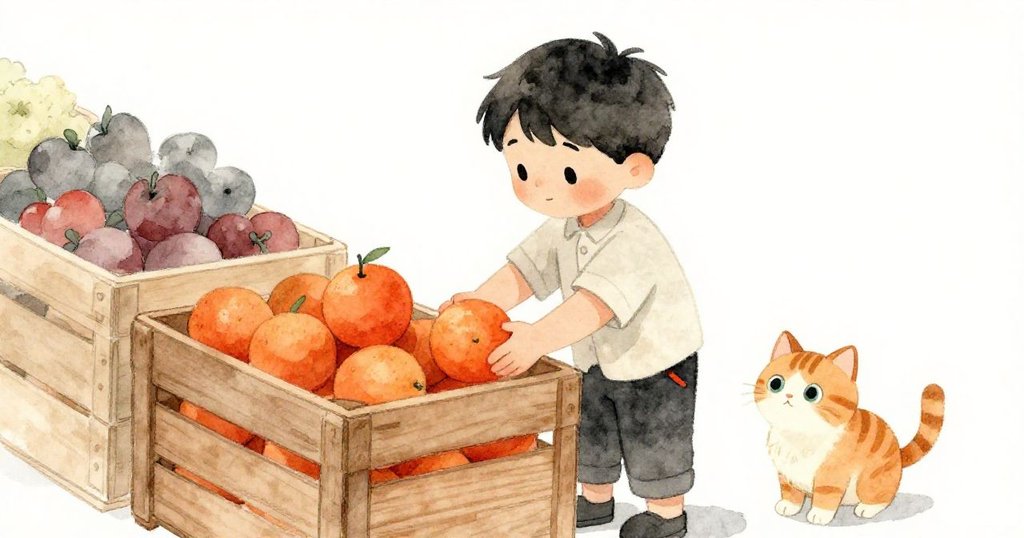 Bram小心提起市場中橘子，旁邊一隻好奇橙貓注視動作，場景溫暖互動濃厚，情感真摯。