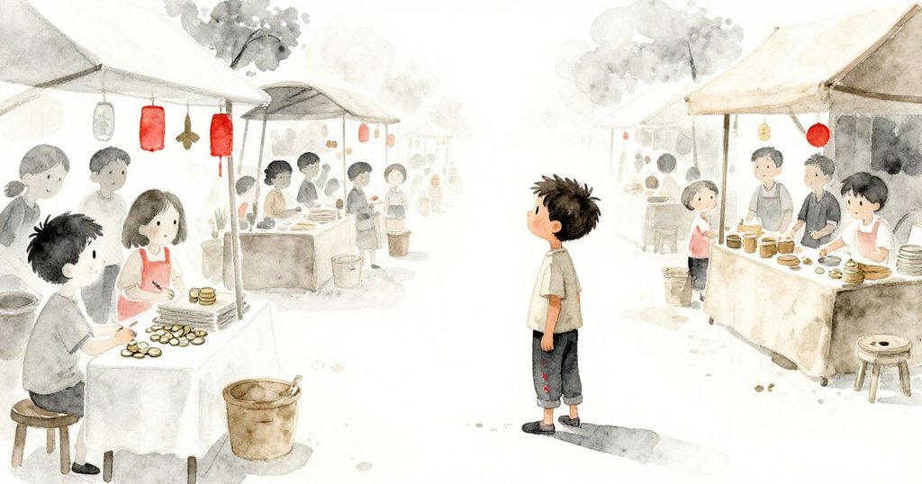 Bram手捧找回硬幣站在市場前方，面向開放新路，充滿希望與冒險感，背景細膩展示繁華市場。