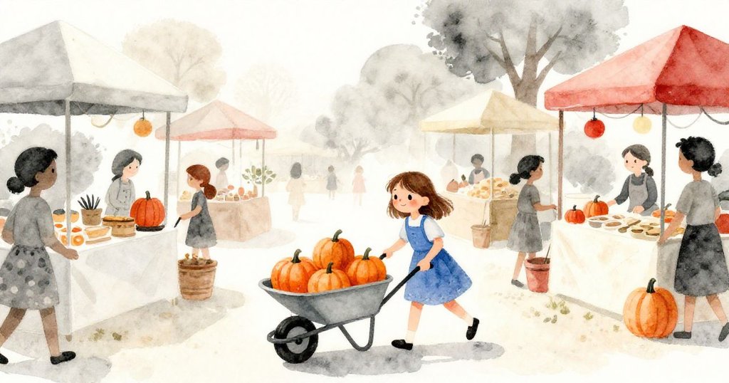 塔拉推著滿載南瓜的手推車,穿行於熱鬧市場中,晨光灑落,臉上流露著期待和活力。