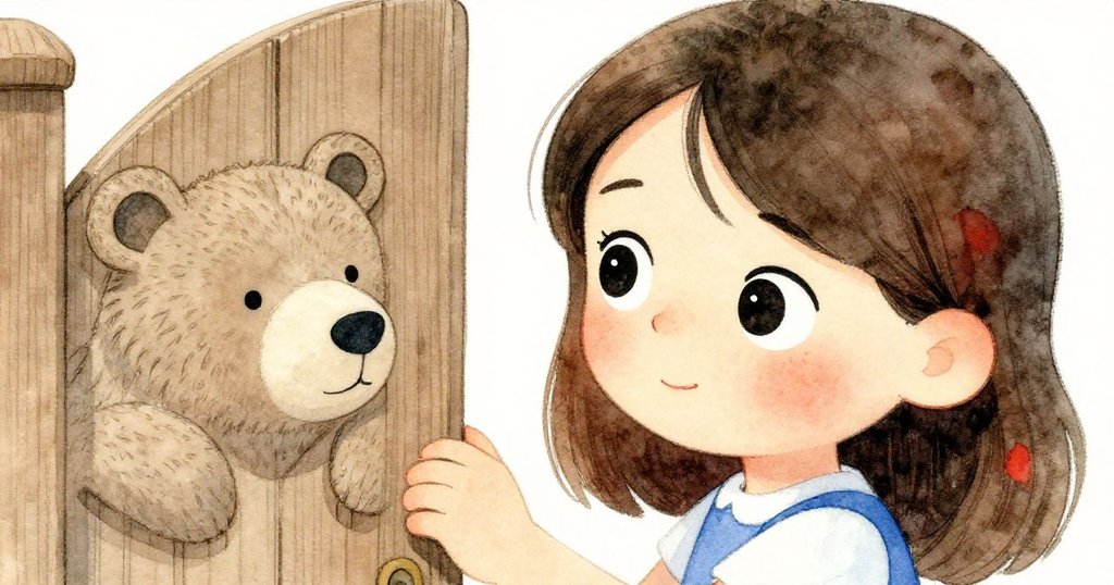 塔拉專注的雙眼表現出堅定與好奇,她凝視著被雕刻熊守護的木門,準備面對前方挑戰。