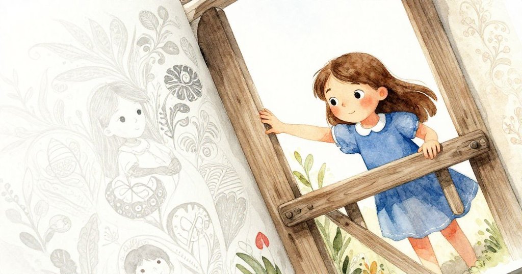 塔拉彎下身用手指輕觸木門,尋找隱藏線索,眼中閃過警覺與堅定,雕刻熊靜默守護。