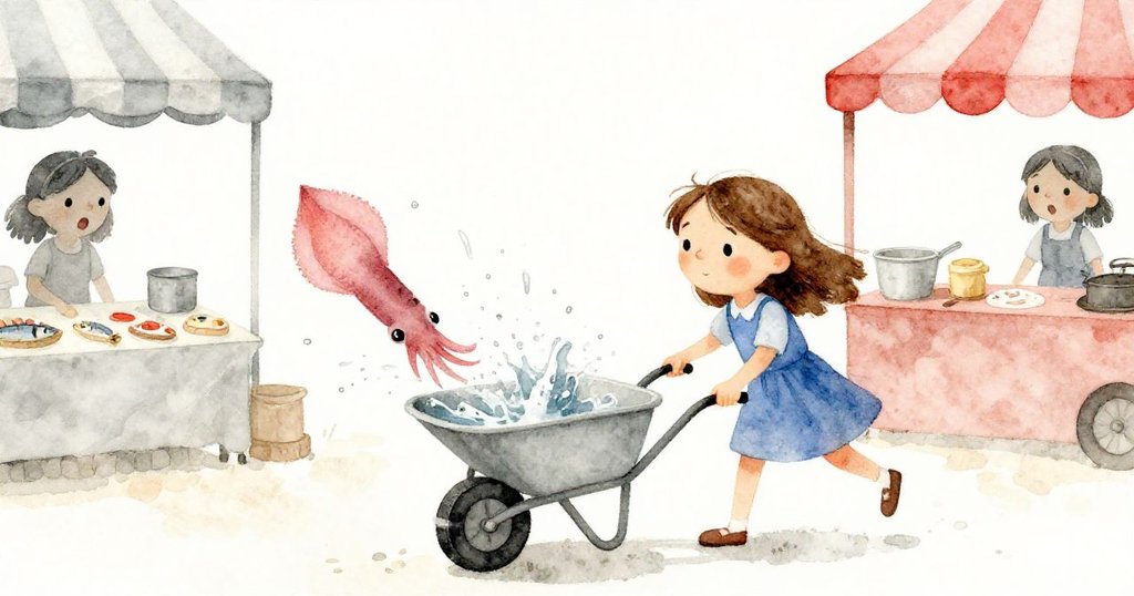 市場中,塔拉的手推車意外碰撞魚台,一隻粉紅魷魚濺起水花,塔拉表情驚訝又帶趣味。