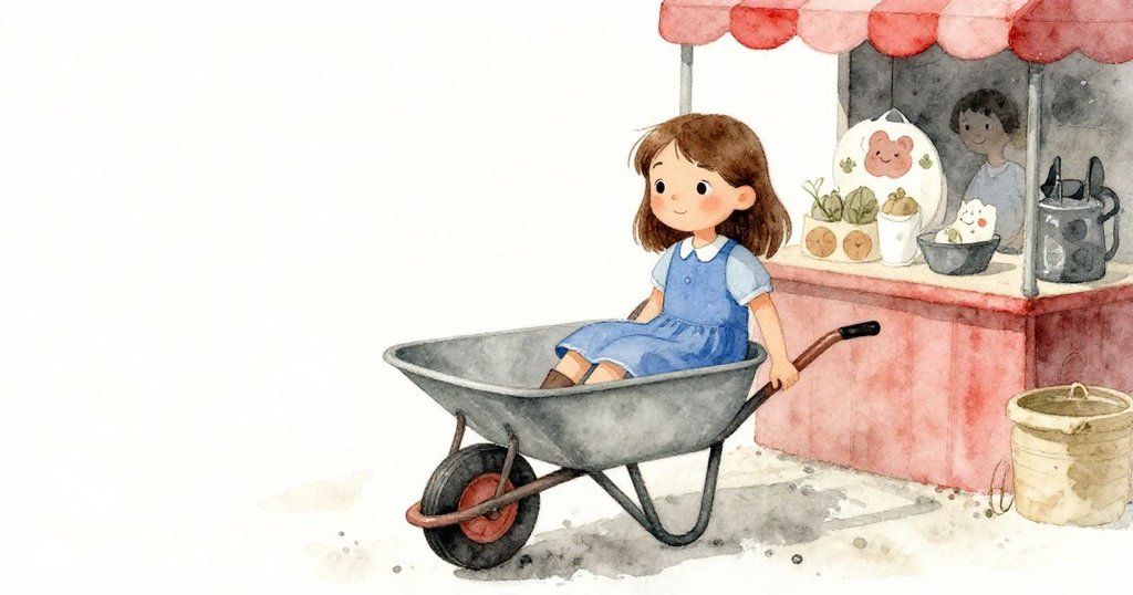 騷動過後,塔拉坐在手推車旁,濕透的靴子映著晨光,她微笑著看向恢復平靜的市場。