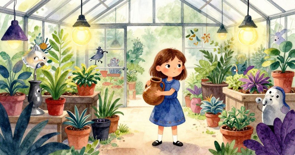 Tess 拎著空陶罐走向熱鬧溫室, 背景擁有綠意盎然的植物與閃爍燈光, 她滿懷決心, 敘事由開始邁向發展