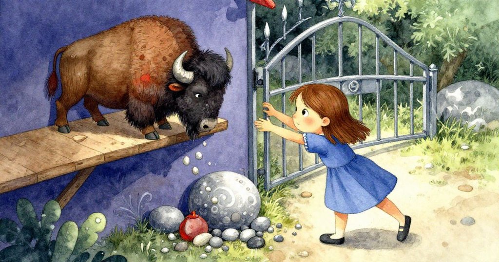 從高處俯視, Tess 動作引起木製野牛傾斜, 石子滾落干擾金屬門, 展現發展過程中的巧妙互動