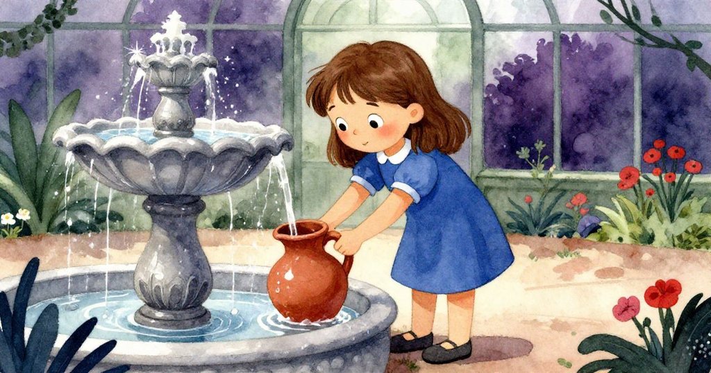 Tess 在噴泉邊灌滿冷水, 雙眼充滿喜悅與釋然, 空陶罐反射燈光, 故事進入解決篇章