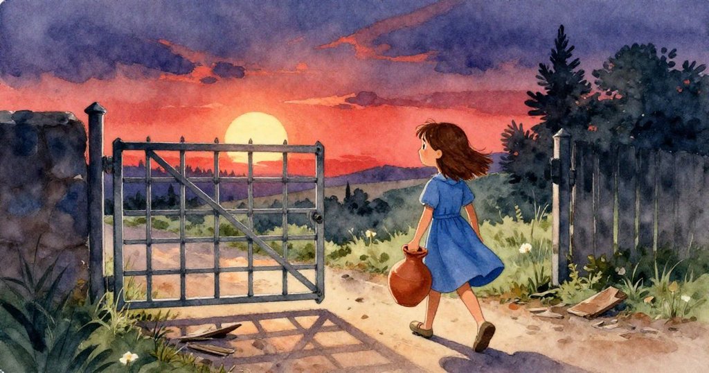 Tess 拿著滿水陶罐返回, 背景夕陽映照下金屬門不穩轉動, 瓦片輕擦水槽, 敘事緩緩進入結尾篇章