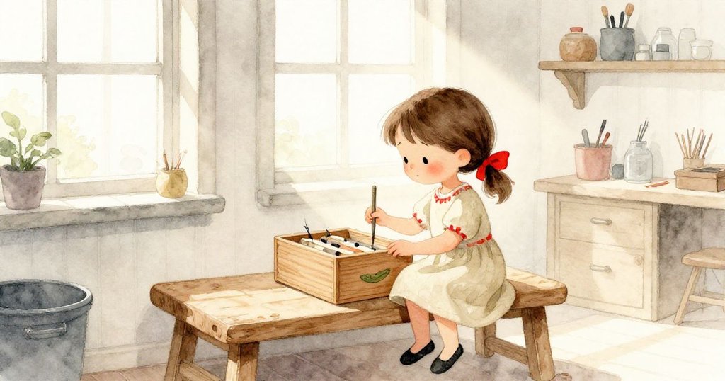 塔拉坐在工作室內木桌旁，早晨光線灑入，靜靜注視著精緻木盒，臉上流露出平靜好奇，旁邊隱約可見花園。