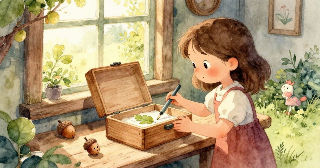 塔拉輕觸木盒上精雕橡果圖案，她的手指緩緩滑過溫暖區域，細膩紋理散發出神秘氣息，表情專注而溫柔。