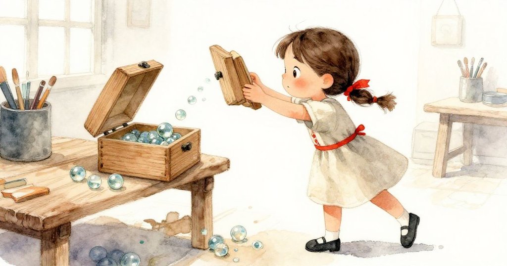 低角度視角中，塔拉堅定地撬起木盒蓋，臉上充滿決心，彈珠開始閃爍著光芒滾出，背景為溫暖工作室。