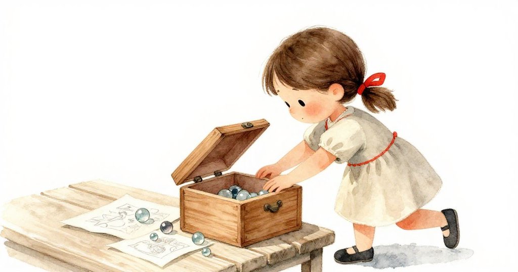 塔拉用力按壓木盒溫暖處使其產生裂縫，彈珠和草圖散落桌面，她表情堅定中帶著驚奇，展現出努力與挑戰的瞬間。