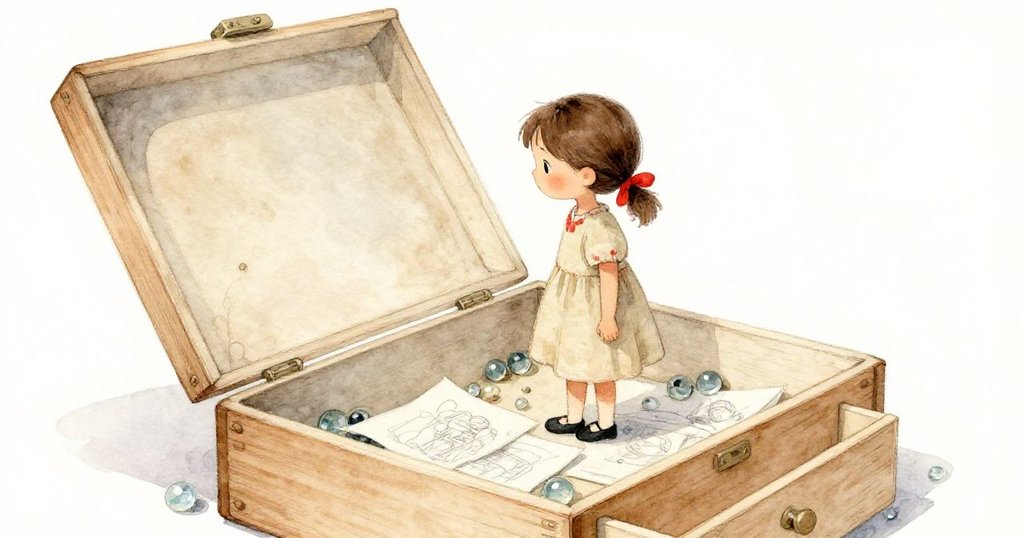 塔拉微笑著站在打開的木盒旁，彈珠、草圖及半掩抽屜交織成寓意秘密揭露的畫面，光線柔和，展現出寧靜勝利的氛圍。