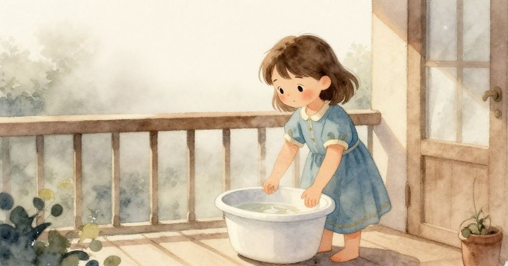 Luna在陽台上放置塑膠盒，清晨霧氣瀰漫，柔和光線映照，展現開始冒險的期待與寧靜心情。