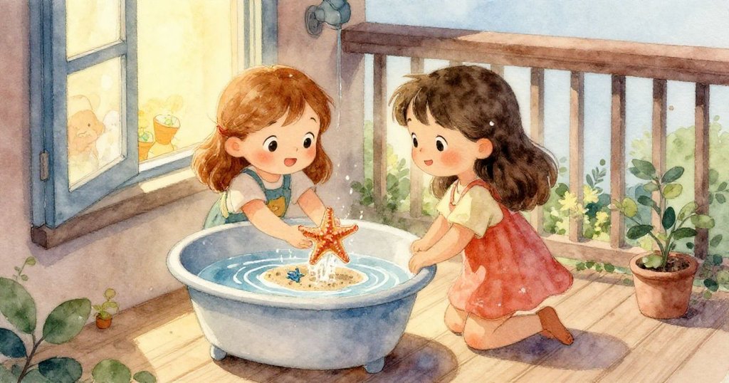 Luna精心布置的種子盤中，清水流動間種子飄散，充滿成長的象徵，展現自然魔法的微妙動態。