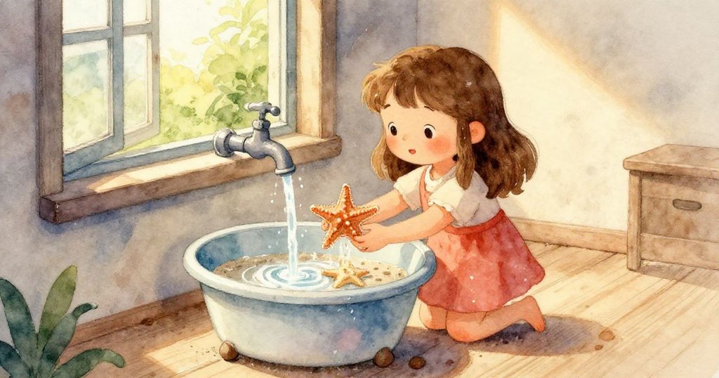 Luna忙中之際，籠中毛茸茸的龍鼠好奇凝視著隨水飄移的種子，表現出驚奇與愉悅的目光。