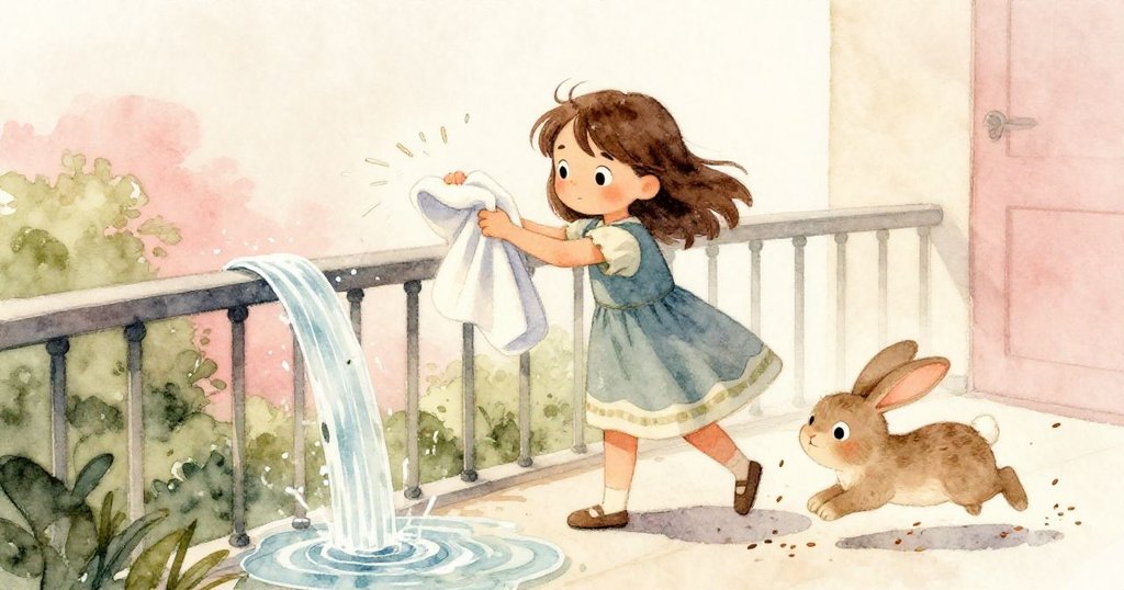 Luna急忙用厚毛巾壓住流動的水流，同時一隻好奇兔子快樂追逐著飄散的種子，展現緊張與活潑互動。