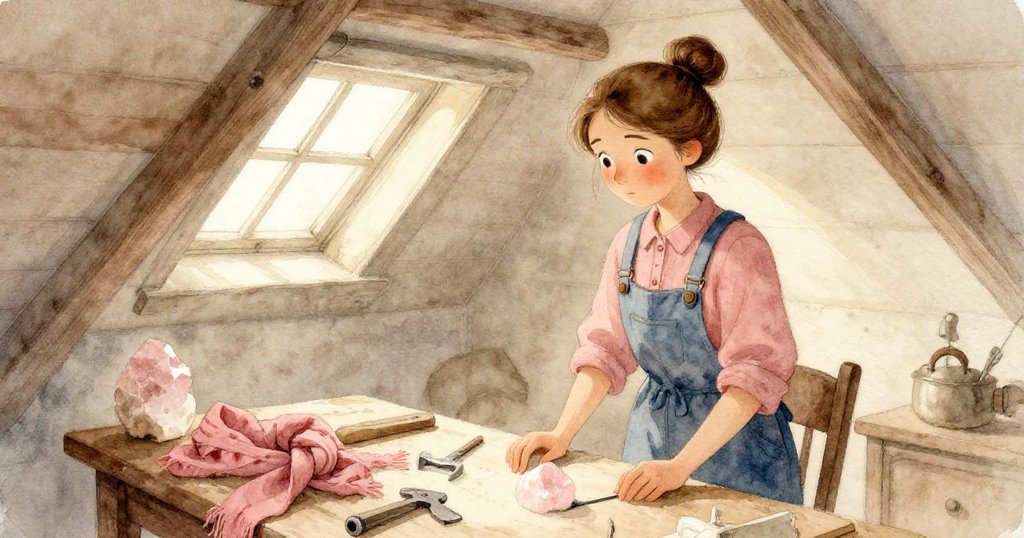 科拉在溫柔的晨光下站在閣樓裡,沉思準備修理木架,背景有工具桌和散落的物品,表情平靜。