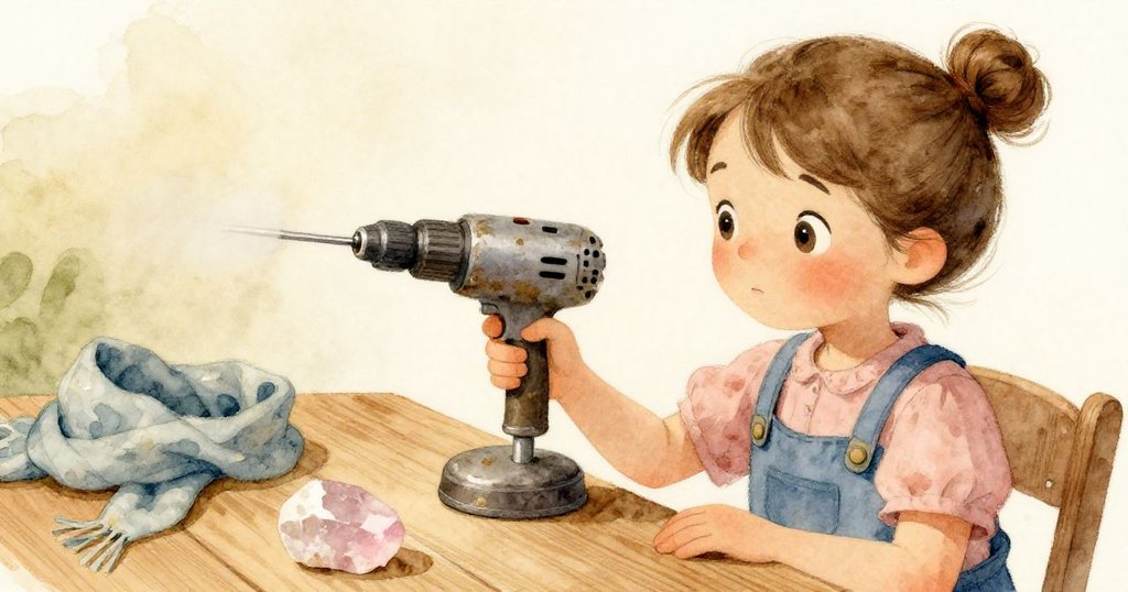 科拉專注地握著電鑽,細緻展現手部和工具細節,桌上還有一條圍巾和粉紅石英,背景透露著閣樓工作氛圍。