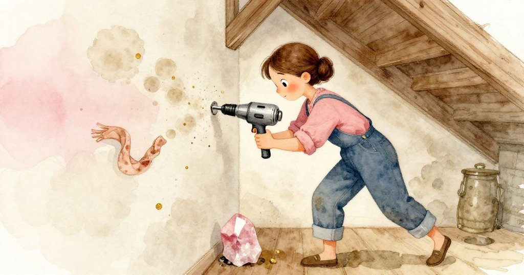 科拉在傾斜的角度中開始鑽孔,牆上冒出塵埃,圍巾滑動、粉紅石英滾落,她的臉上流露出驚訝。