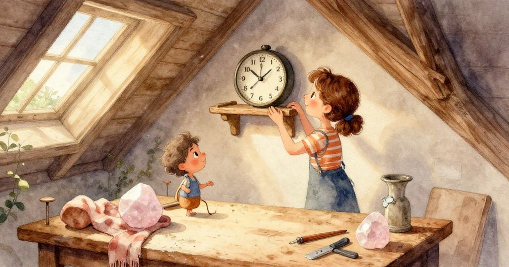 閣樓的窗戶外透出柔和晨光,遠處花園與飄落樹葉靜謐映現,科拉的身影隱約出現,彷彿聽到外頭滴水聲。