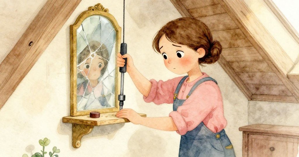 科拉面對意外後小心鑽孔,目光警惕盯著有裂痕的鏡子,情緒由擔憂轉為堅定,專注修復木架。