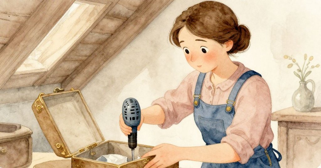 科拉平靜地將電鑽放回盒中,細緻展現手部動作與臉上釋然微笑,閣樓中光線柔和,氛圍溫馨落幕。