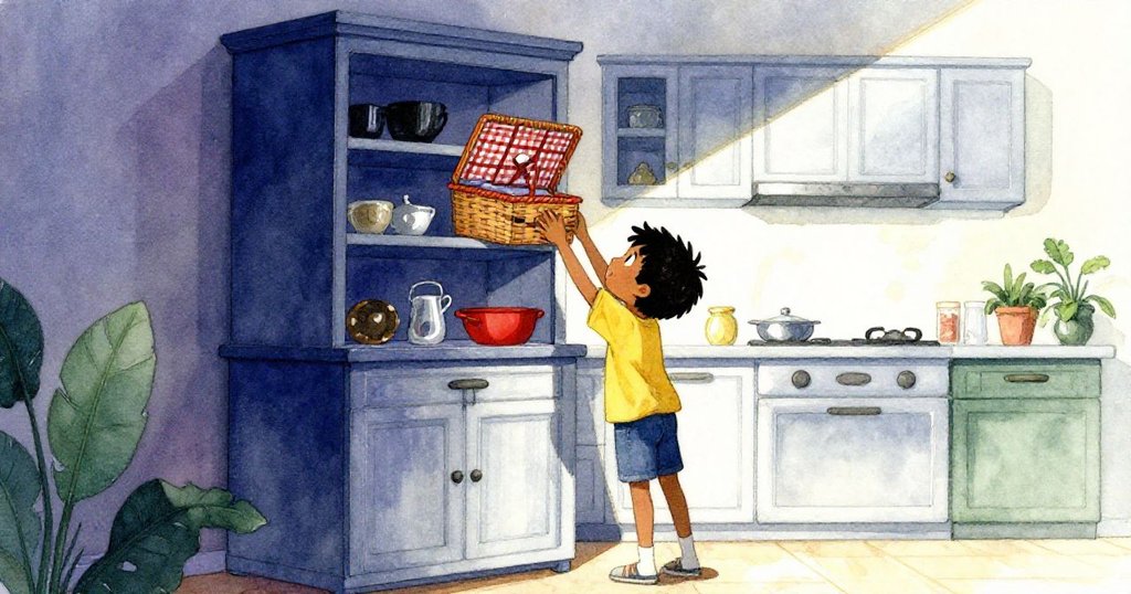 凱恩在晨光中踮腳伸向高櫥櫃,背景廚房溫暖柔和,呈現期待神情與明亮氛圍。